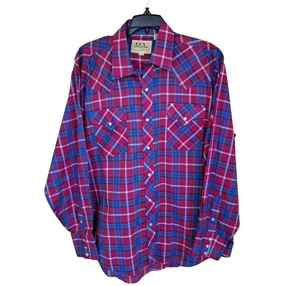 Ely Cattleman Red/Blue Plaid Pearl Snap Long Sleeve Shirt Men's 16 1/2 Pre-owned